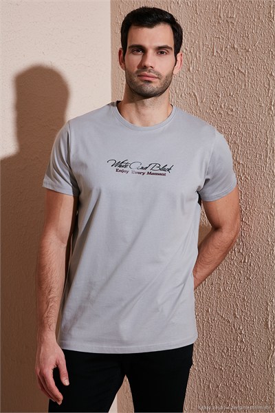 Pamuklu Slim Fit Bisiklet Yaka Yazılı Erkek T Shirt 541ENJOY AÇIK GRİ