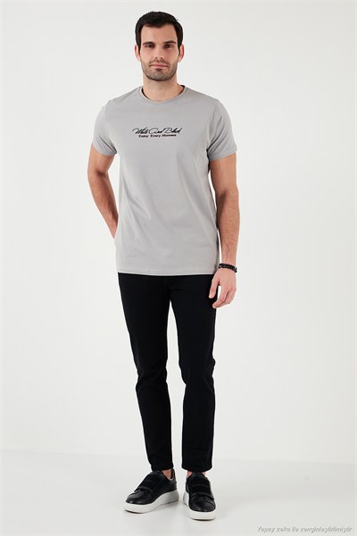Pamuklu Slim Fit Bisiklet Yaka Yazılı Erkek T Shirt 541ENJOY AÇIK GRİ