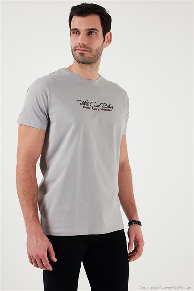 Pamuklu Slim Fit Bisiklet Yaka Yazılı Erkek T Shirt 541ENJOY AÇIK GRİ