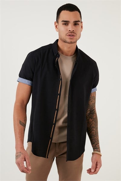 Pamuklu Slim Fit Düğmeli Yaka Kısa Kollu Erkek Gömlek CF21S112546 SİYAH