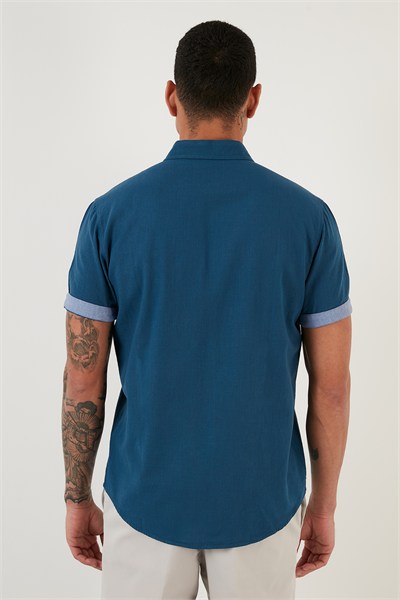 Pamuklu Slim Fit Düğmeli Yaka Kısa Kollu Erkek Gömlek CF21S112546 İNDİGO