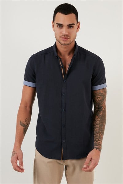 Pamuklu Slim Fit Düğmeli Yaka Kısa Kollu Erkek Gömlek CF21S112546 LACİVERT