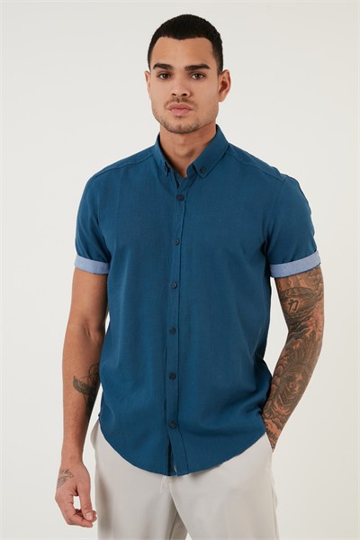Pamuklu Slim Fit Düğmeli Yaka Kısa Kollu Erkek Gömlek CF21S112546 İNDİGO