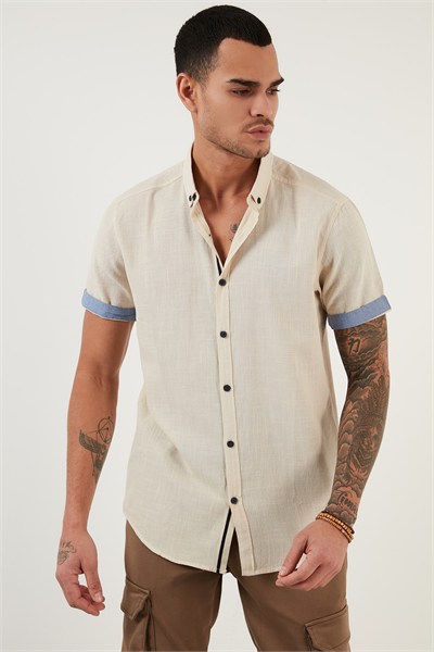 Pamuklu Slim Fit Düğmeli Yaka Kısa Kollu Erkek Gömlek CF21S112546 TAŞ