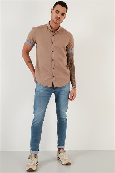 Pamuklu Slim Fit Düğmeli Yaka Kısa Kollu Erkek Gömlek CF21S112546 TOPRAK