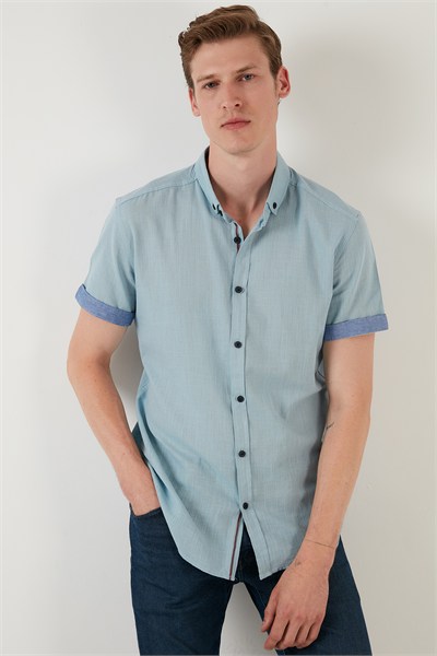 Pamuklu Slim Fit Düğmeli Yaka Kısa Kollu Erkek Gömlek CF21S112546 AQUA