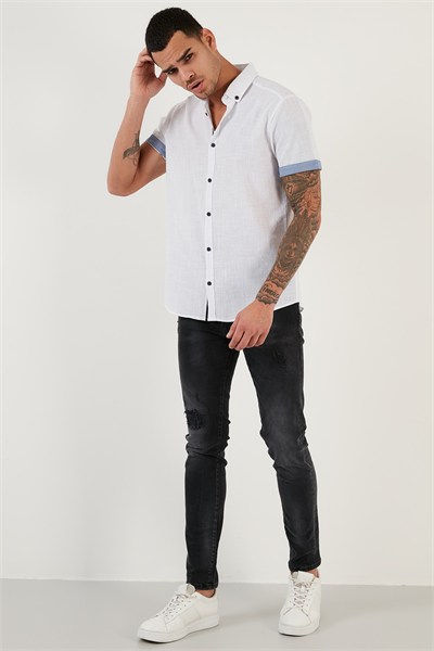 Pamuklu Slim Fit Düğmeli Yaka Kısa Kollu Erkek Gömlek CF21S112546 BEYAZ