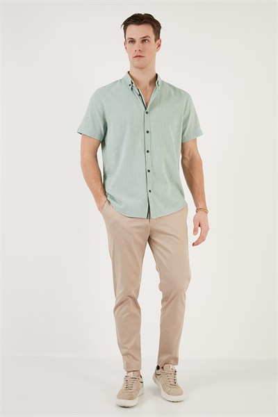 Pamuklu Slim Fit Düğmeli Yaka Kısa Kollu Erkek Gömlek CF21S112546 ELMA YEŞİLİ