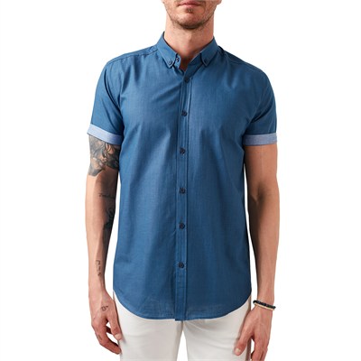 Pamuklu Slim Fit Düğmeli Yaka Kısa Kollu Erkek Gömlek CF21S112546 İNDİGO