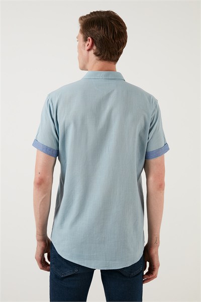 Pamuklu Slim Fit Düğmeli Yaka Kısa Kollu Erkek Gömlek CF21S112546 AQUA