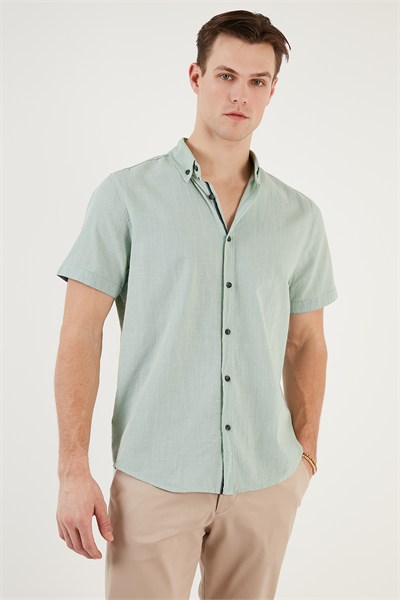 Pamuklu Slim Fit Düğmeli Yaka Kısa Kollu Erkek Gömlek CF21S112546 ELMA YEŞİLİ