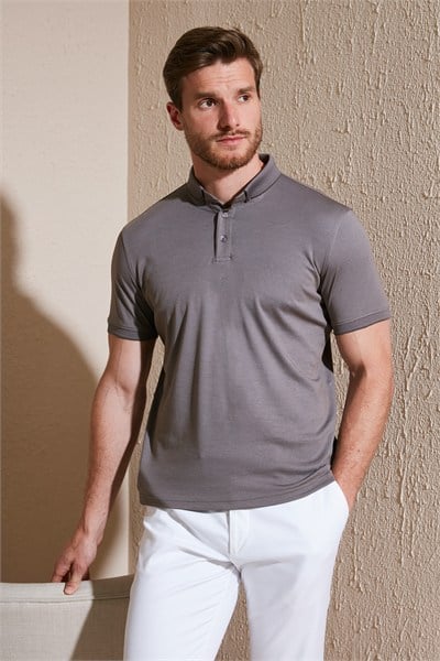Pamuklu Slim Fit Erkek Polo Yaka T Shirt 646R1000 Vizon-Füme