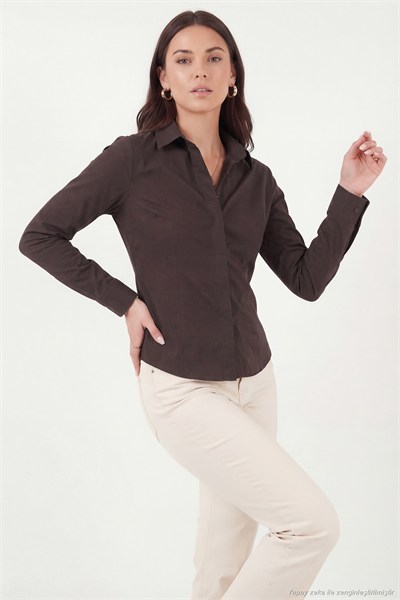 Pamuklu Slim Fit Klasik Yaka Kadın Gömlek 6777423 KAHVE