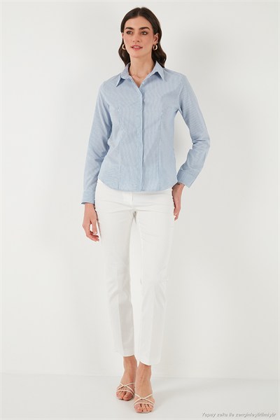 Pamuklu Slim Fit Klasik Yaka Kadın Gömlek 6777423 MAVİ