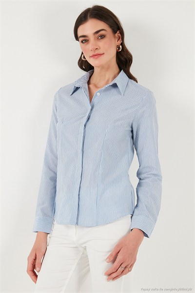 Pamuklu Slim Fit Klasik Yaka Kadın Gömlek 6777423 MAVİ