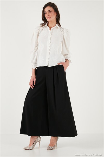 Pamuklu Slim Fit Nakışlı Balon Kol Kadın Gömlek 676208 EKRU