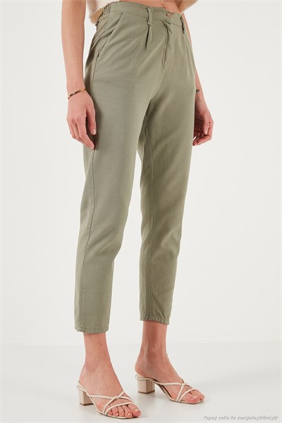 Pamuklu Slim Fit Normal Bel Düz Paça Kadın Pantolon 668Y5121 HAKİ