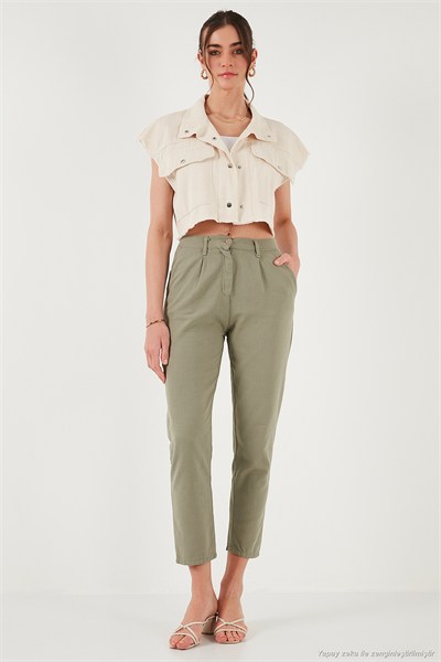 Pamuklu Slim Fit Normal Bel Düz Paça Kadın Pantolon 668Y5121 HAKİ
