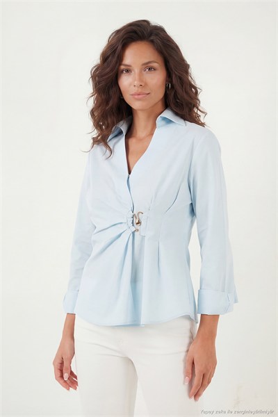 Pamuklu Slim Fit Toka Detaylı Uzun Kollu Kadın Gömlek 6778317 BEBE MAVİ