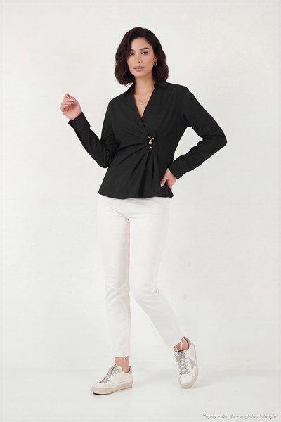Pamuklu Slim Fit Toka Detaylı Uzun Kollu Kadın Gömlek 6778317 SİYAH