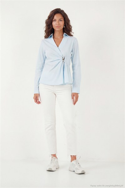 Pamuklu Slim Fit Toka Detaylı Uzun Kollu Kadın Gömlek 6778317 BEBE MAVİ
