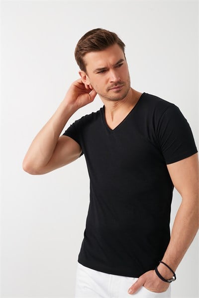 Pamuklu Slim Fit V Yaka Basic Erkek T Shirt 5412001 SİYAH
