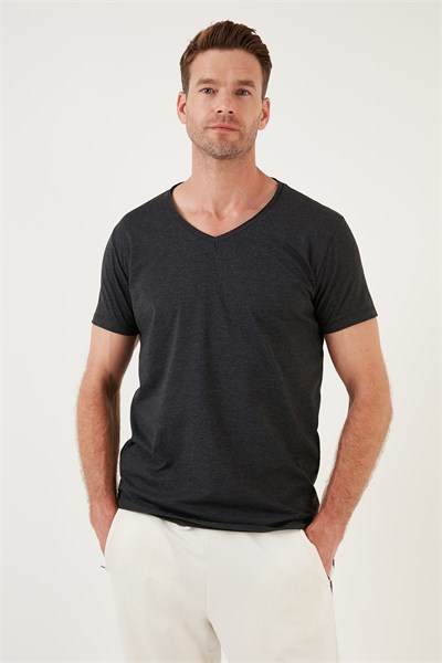 Pamuklu Slim Fit V Yaka Basic Erkek T Shirt 5412001 KOYU GRİ