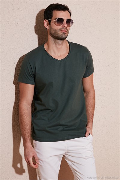 Pamuklu Slim Fit V Yaka Basic Erkek T Shirt 5412001 HAKİ