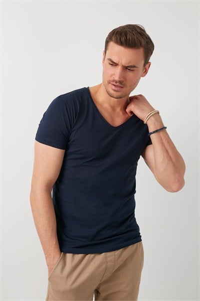 Pamuklu Slim Fit V Yaka Basic Erkek T Shirt 5412001 LACİVERT