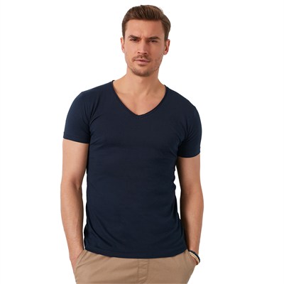 Pamuklu Slim Fit V Yaka Basic Erkek T Shirt 5412001 LACİVERT