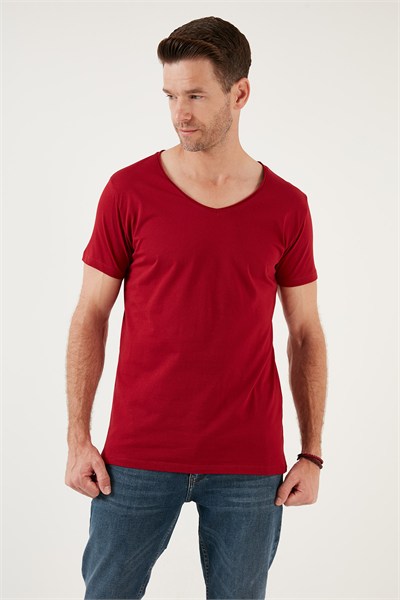 Pamuklu Slim Fit V Yaka Basic Erkek T Shirt 5412001 KIRMIZI