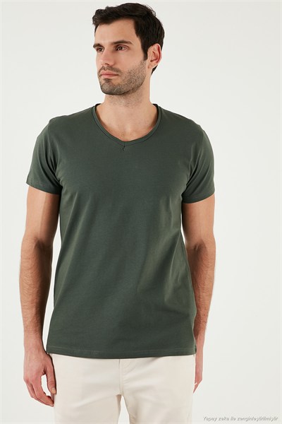 Pamuklu Slim Fit V Yaka Basic Erkek T Shirt 5412001 HAKİ