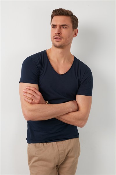 Pamuklu Slim Fit V Yaka Basic Erkek T Shirt 5412001 LACİVERT