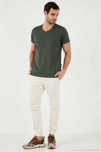 Pamuklu Slim Fit V Yaka Basic Erkek T Shirt 5412001 HAKİ