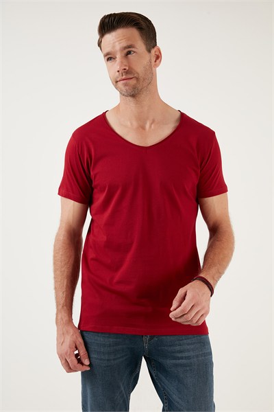Pamuklu Slim Fit V Yaka Basic Erkek T Shirt 5412001 KIRMIZI