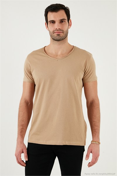 Pamuklu Slim Fit V Yaka Basic Erkek T Shirt 5412001 VİZON