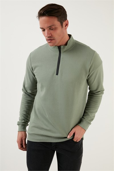 Pamuklu Slim Fit Yarım Fermuarlı Dik Yaka Erkek Sweat 5905400 Elma