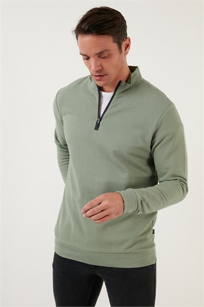 Pamuklu Slim Fit Yarım Fermuarlı Dik Yaka Erkek Sweat 5905400 Elma