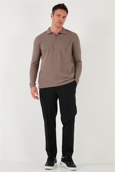 Pamuklu Slim Fit Yarım Fermuarlı Polo Yaka Erkek Sweat 5903010 TOPRAK