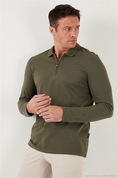 Pamuklu Slim Fit Yarım Fermuarlı Polo Yaka Erkek Sweat 5903010 HAKİ