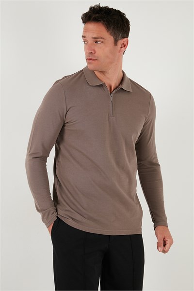 Pamuklu Slim Fit Yarım Fermuarlı Polo Yaka Erkek Sweat 5903010 TOPRAK