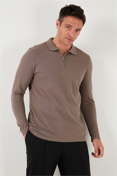 Pamuklu Slim Fit Yarım Fermuarlı Polo Yaka Erkek Sweat 5903010 TOPRAK