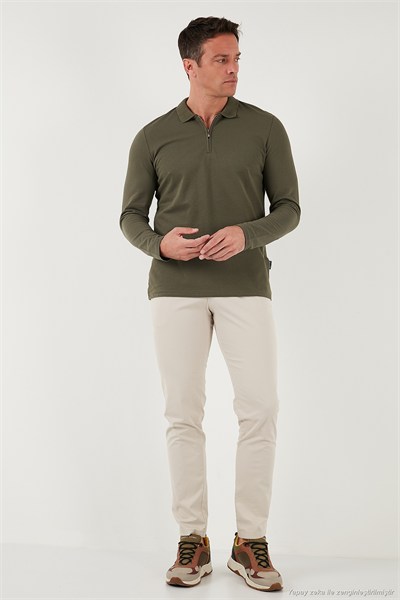 Pamuklu Slim Fit Yarım Fermuarlı Polo Yaka Erkek Sweat 5903010 HAKİ