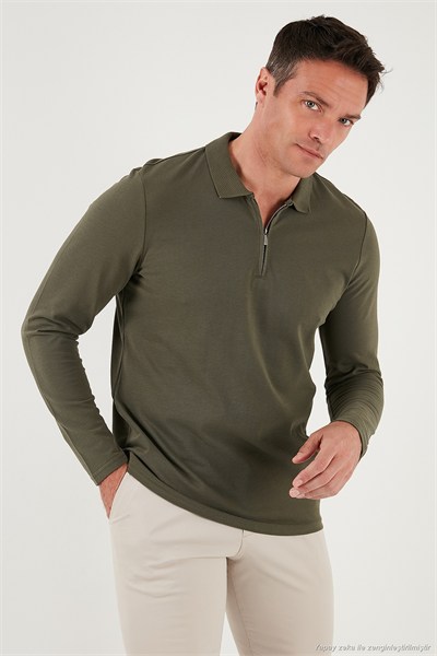 Pamuklu Slim Fit Yarım Fermuarlı Polo Yaka Erkek Sweat 5903010 HAKİ
