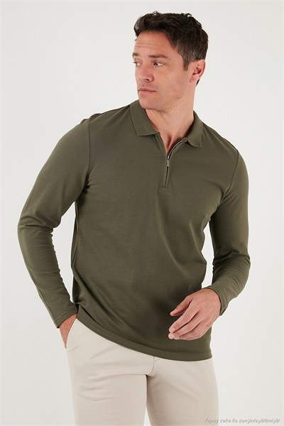 Pamuklu Slim Fit Yarım Fermuarlı Polo Yaka Erkek Sweat 5903010 HAKİ