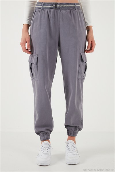 Pamuklu Standart Fit Normal Bel Lastikli Paça Kemerli Jogger Kadın Pantolon 668YP5045 GRİ