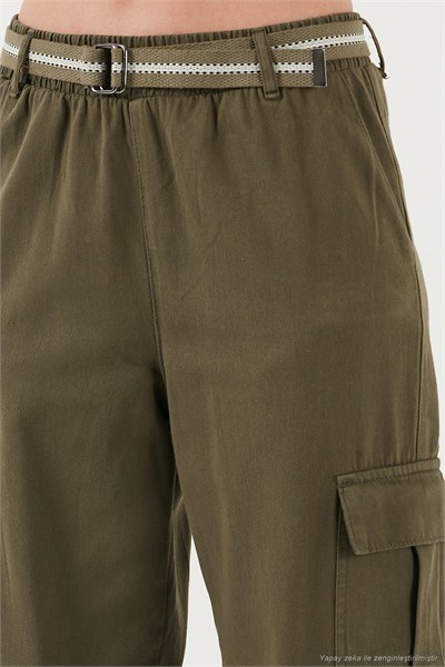 Pamuklu Standart Fit Normal Bel Lastikli Paça Kemerli Jogger Kadın Pantolon 668YP5045 HAKİ