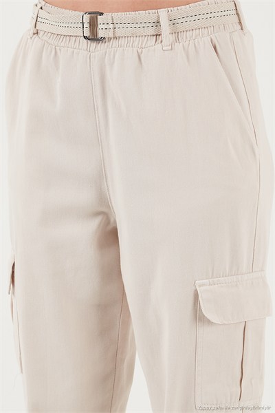 Pamuklu Standart Fit Normal Bel Lastikli Paça Kemerli Jogger Kadın Pantolon 668YP5045 TAŞ