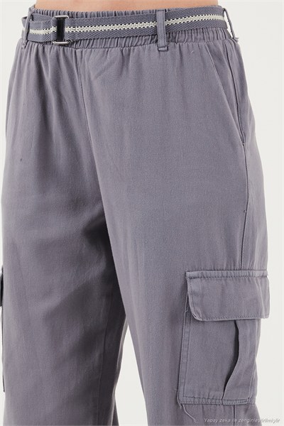 Pamuklu Standart Fit Normal Bel Lastikli Paça Kemerli Jogger Kadın Pantolon 668YP5045 GRİ