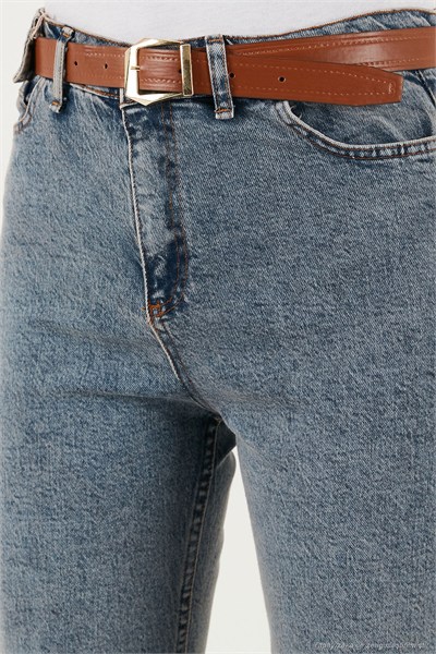 Pamuklu Standart Fit Yüksek Bel Dar Paça Kemerli Kot Kadın Pantolon 668YP4475 MAVİ